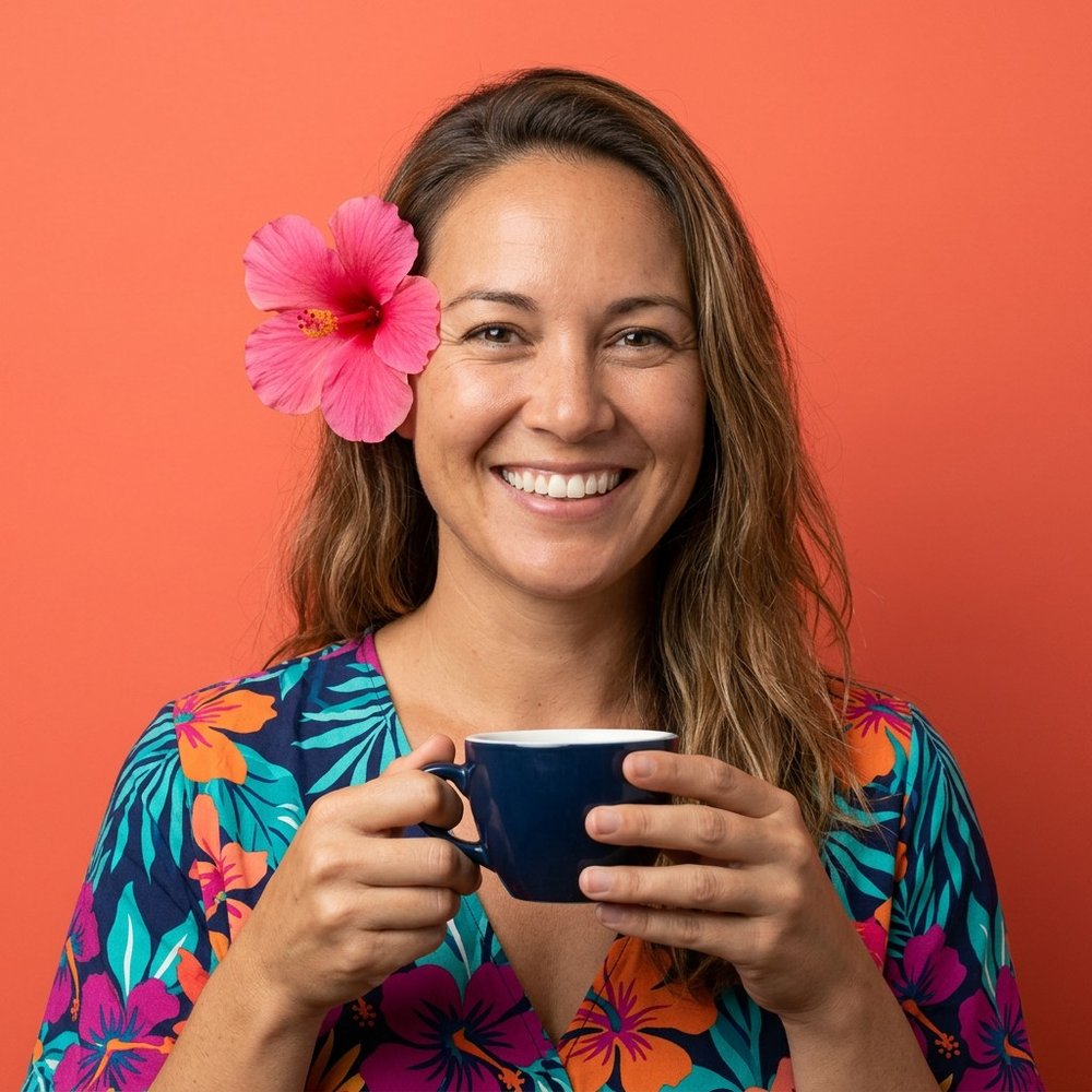 A smiling local woman with a flower in her hair on a coral background